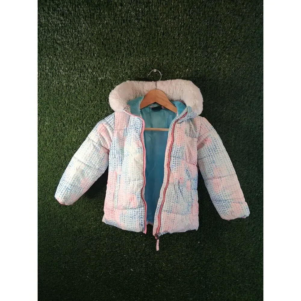 Snozu Girls Puffer Jacket Size 5 Pink Blue Heart Pattern Fleece Lined Hooded...
